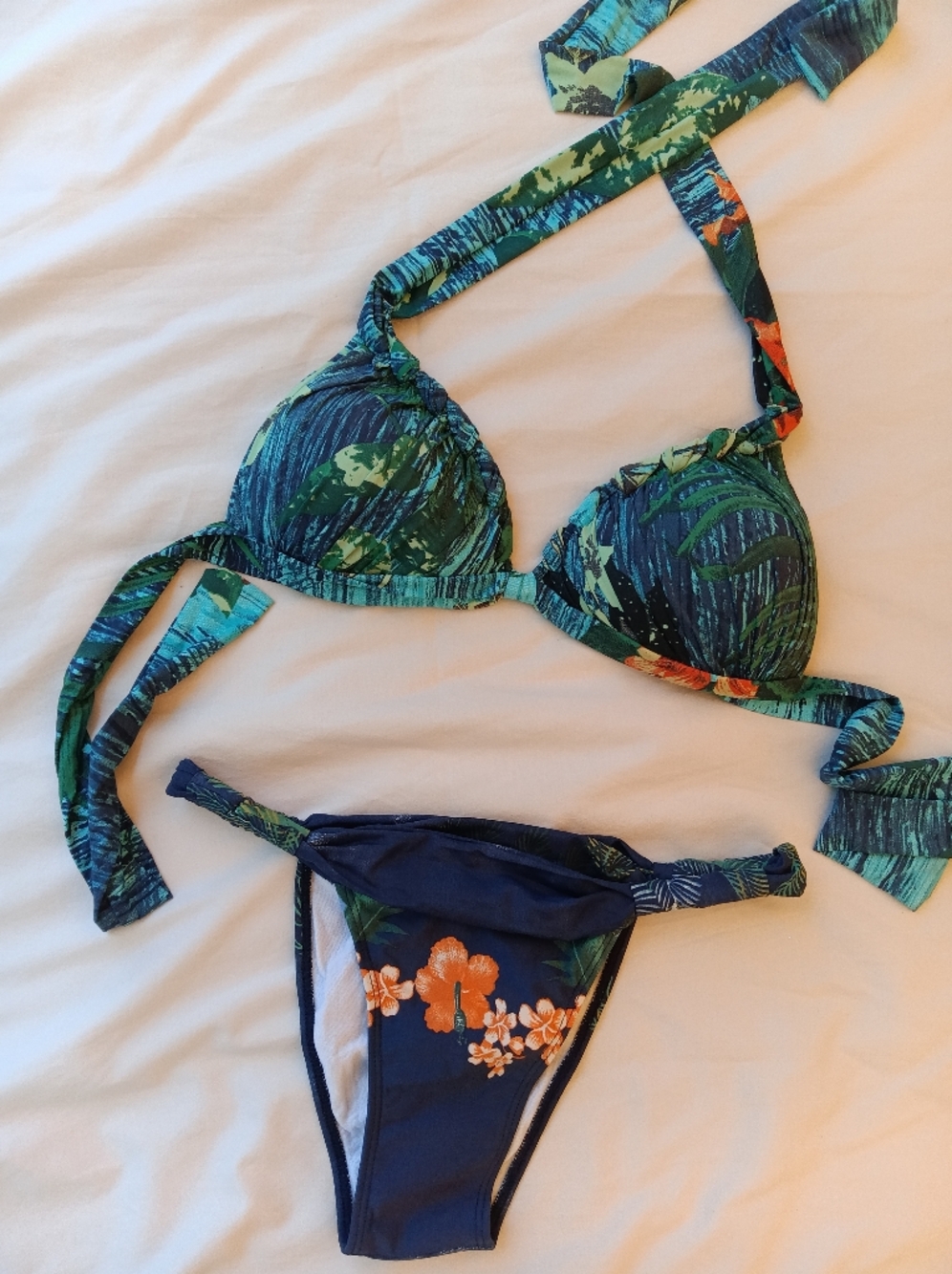 Brazilian bikini set blue green tropical print cheeky low rise swimwear vacation